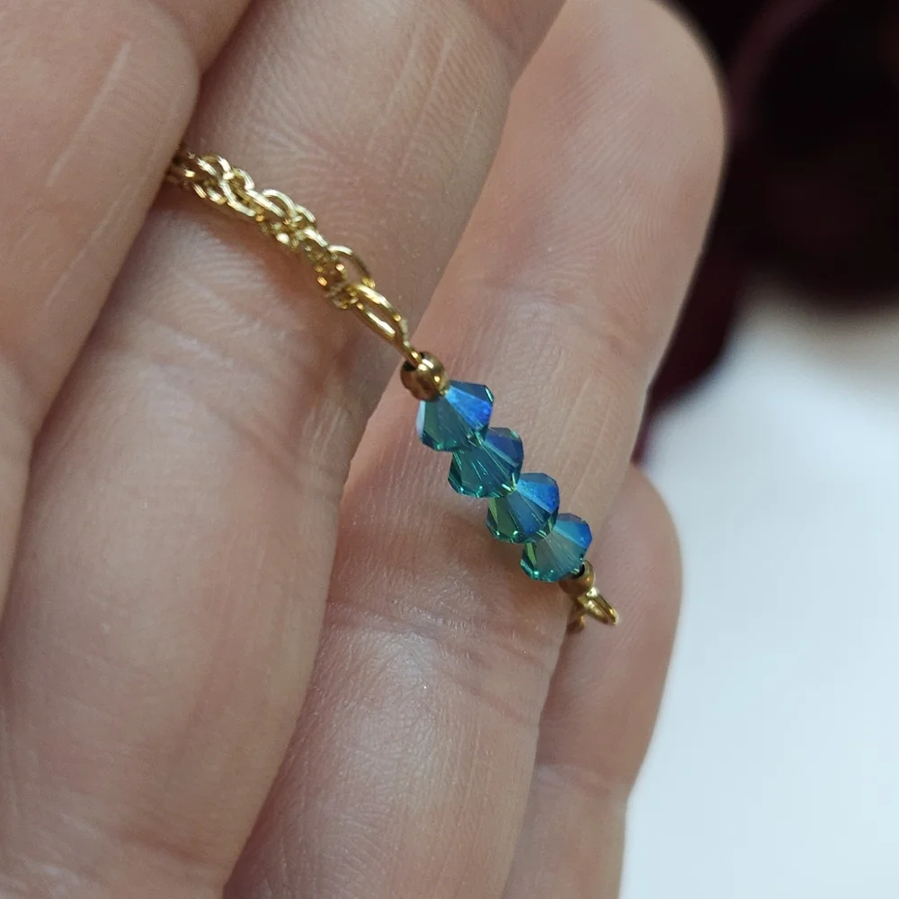 Handmade Teal Blue AB Crystal Bar Bracelet Gold Chain